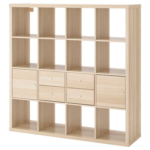 KALLAX - Shelving unit with 4 inserts, white stained oak effect, 147x147 cm