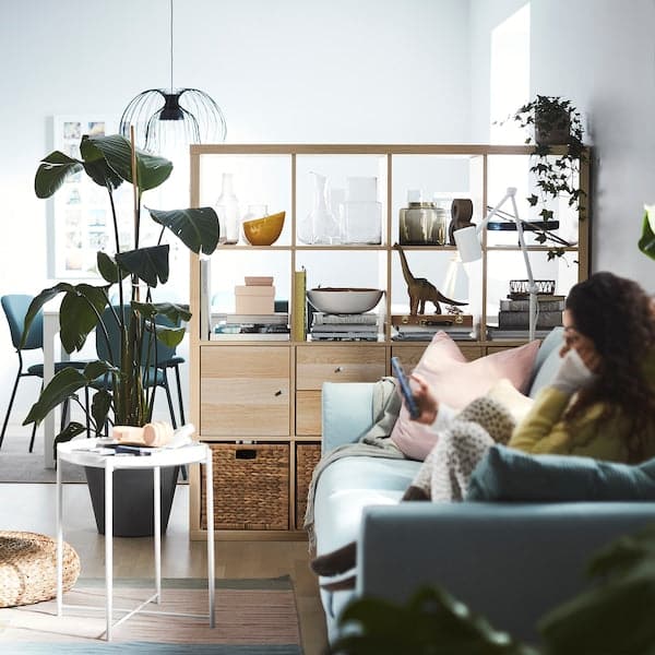 Ikea KALLAX - Shelving unit with 4 inserts, white stained oak effect, 147x147 cm