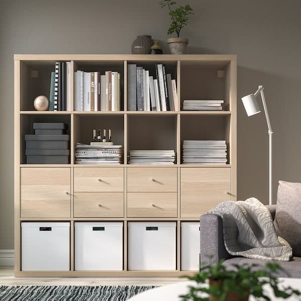 Ikea KALLAX - Shelving unit with 4 inserts, white stained oak effect, 147x147 cm