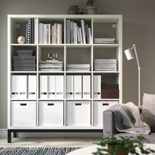 KALLAX shelving unit with underframe, white stained oak effect/white,  147x94 cm - IKEA Spain