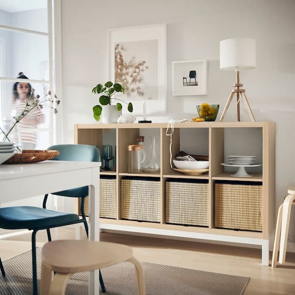 Ikea KALLAX - Shelving unit with underframe, white stained oak effect/white, 147x94 cm