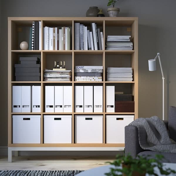 KALLAX - Shelving unit with underframe, white stained oak effect/white