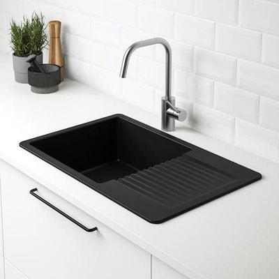 KILSVIKEN - Inset sink, 1 bowl with drainboard, black/quartz composite, 72x46 cm - best price from Maltashopper.com 89337027