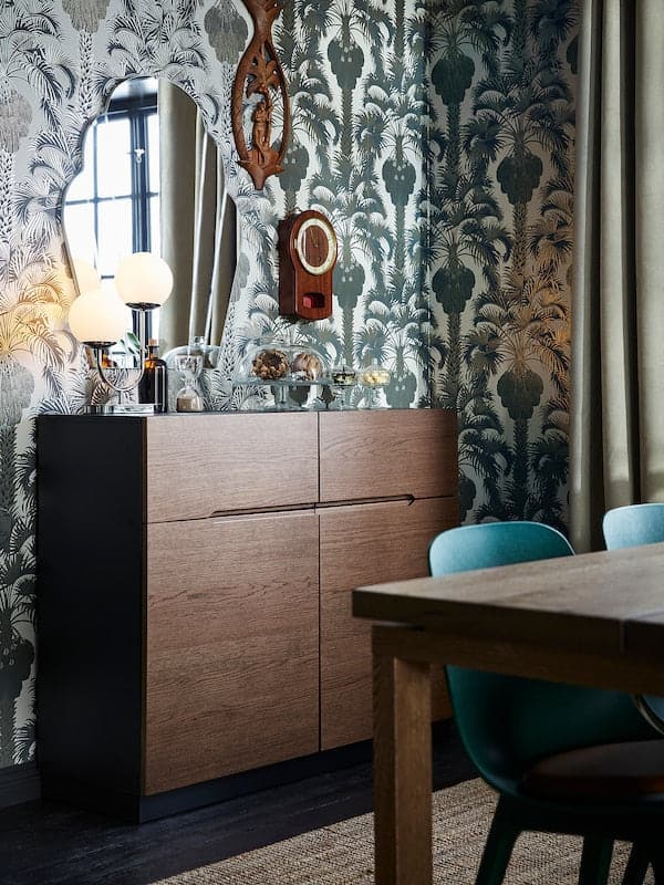 KLACKENÄS - Sideboard, black/oak veneer brown stained, 120x97 cm - best price from Maltashopper.com 90506750