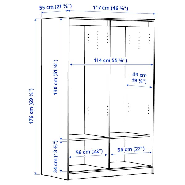 Ikea KLEPPSTAD - Wardrobe with sliding doors, white, 117x176 cm