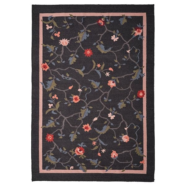 KLOCKBUSKE - Rug, flatwoven, dark grey/flower, 160x230 cm