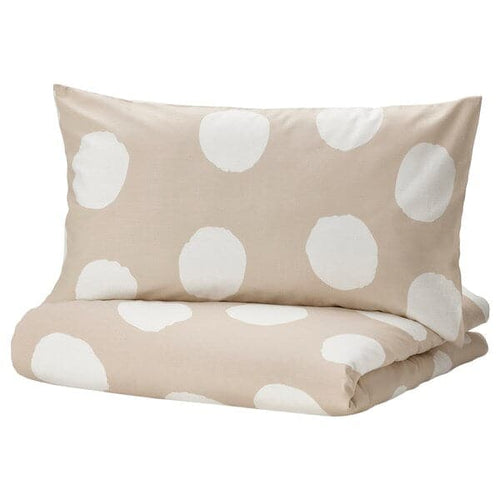 KLYNNETÅG - Duvet cover and 2 pillowcases, beige/white/dotted, 240x220/50x80 cm