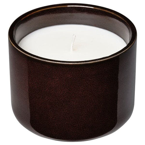 KOPPARLÖNN - Scented candle in ceramic jar, almond & cherry/brown-red, 25 hr