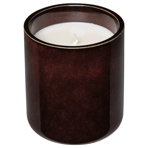 KOPPARLÖNN - Scented candle in ceramic jar, almond & cherry/brown-red, 45 hr