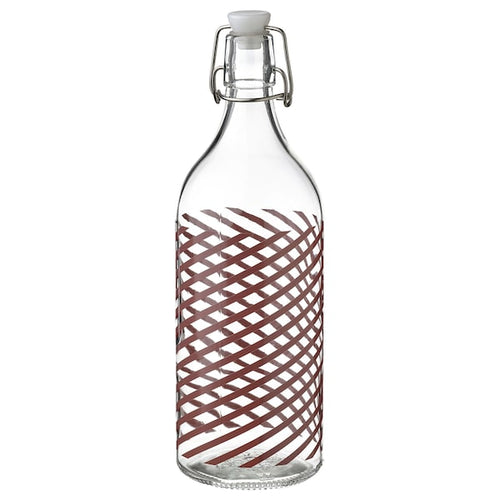 KORKEN - Bottle with stopper, clear glass striped/grey-pink, 1 l