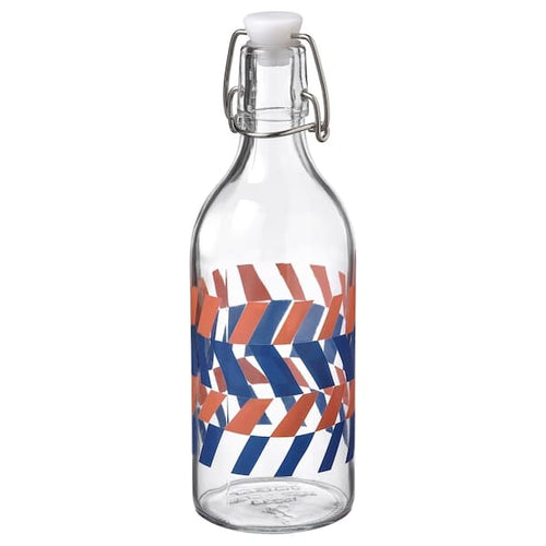 KORKEN - Bottle with stopper, clear glass patterned/bright blue bright orange, 0.5 l