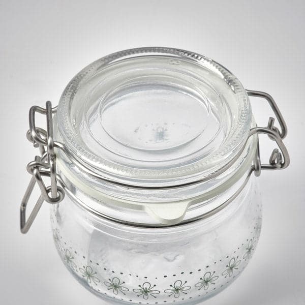 KORKEN Container with lid - pattern/light green 13 cl