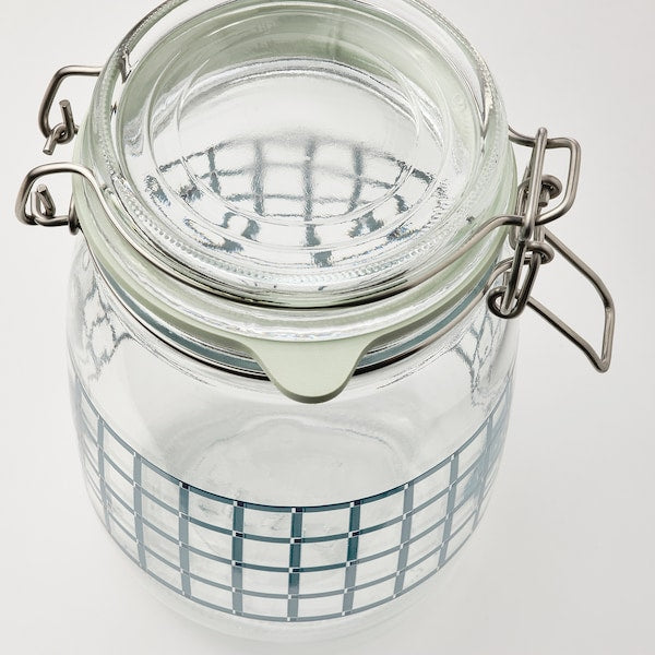 KORKEN - Jar with lid, clear glass/check pattern grey-blue, 1 l - best price from Maltashopper.com 60564685