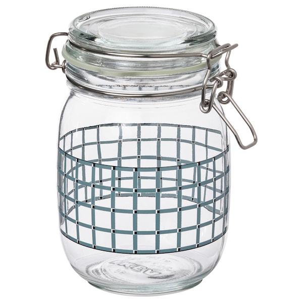 KORKEN - Jar with lid, clear glass/check pattern grey-blue, 1 l - best price from Maltashopper.com 60564685
