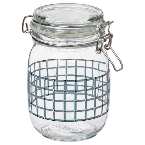 KORKEN - Jar with lid, clear glass/check pattern grey-blue, 1 l