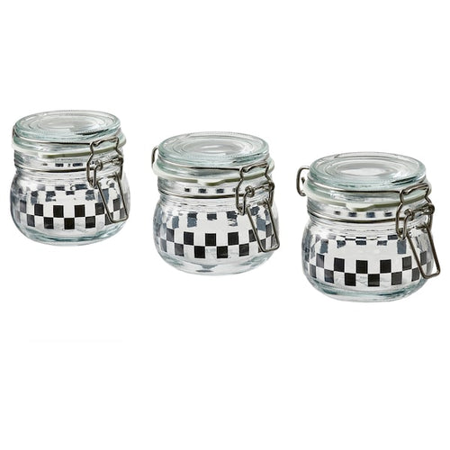 KORKEN - Jar with lid, clear glass/check pattern black, 13 cl