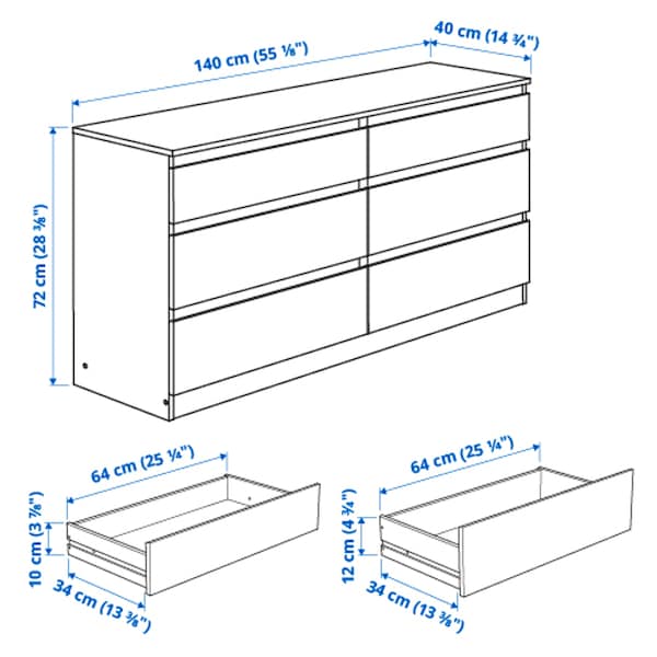 KULLEN - Chest of 6 drawers, black-brown, 140x72 cm - best price from Maltashopper.com 00309235