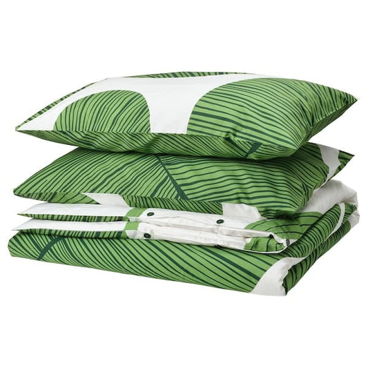 Ikea KUNGSCISSUS - Duvet cover and 2 pillowcases, white/green, 240x220/50x80 cm