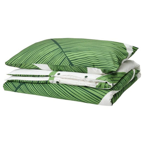 KUNGSCISSUS - Duvet cover and pillowcase, white/green, 150x200/50x80 cm