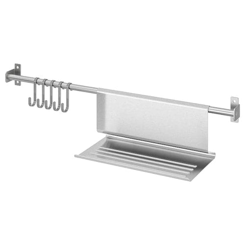 KUNGSFORS - Rail with 5 hooks and tablet stand, stainless steel, 56 cm