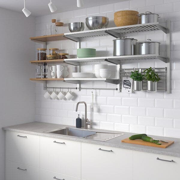 Ikea KUNGSFORS - Susp rail/shelf/rail/wall grid, stainless steel/ash veneer