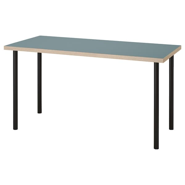 LAGKAPTEN / ADILS - Desk, grey-turquoise/black, 140x60 cm - best price from Maltashopper.com 59523455