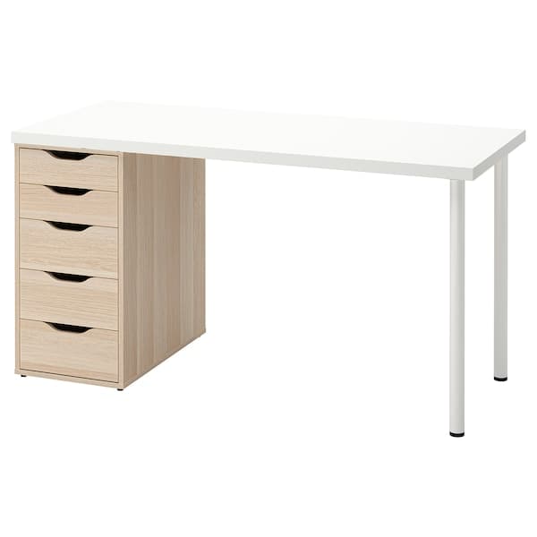 LAGKAPTEN / ALEX - Desk, white/white stained oak effect, 140x60 cm - best price from Maltashopper.com 69431974