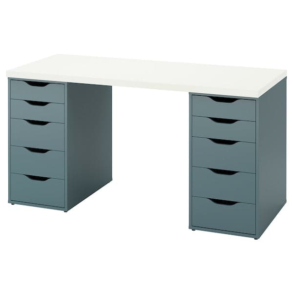 LAGKAPTEN / ALEX - Desk, white/grey-turquoise, 140x60 cm - best price from Maltashopper.com 09431986