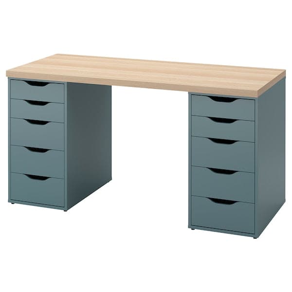LAGKAPTEN / ALEX - Desk, white stained oak effect/grey-turquoise, 140x60 cm - best price from Maltashopper.com 69432030