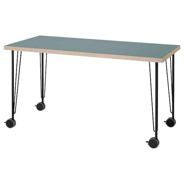 LAGKAPTEN / KRILLE - Desk, grey-turquoise/black, 140x60 cm - best price from Maltashopper.com 99523477