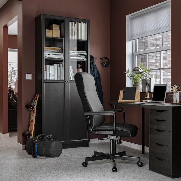 LAGKAPTEN/MILLBERGET/BILLY/OXBERG Desk/storage element - and swivel chair brown-black/black