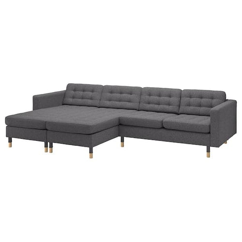 LANDSKRONA - 4-seater sofa with chaise-longue, Gunnared dark grey/wood ,