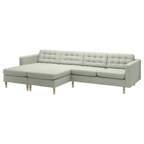 LANDSKRONA - 4-seater sofa with chaise-longue, Gunnared light green/wood ,