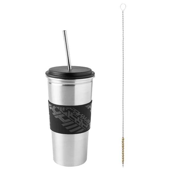 Ikea LÅNESPELARE - Mug with lid and straw, black