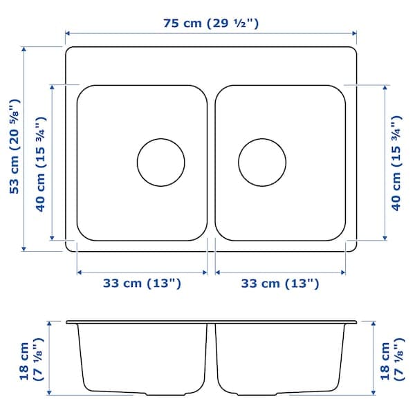 Ikea LÅNGUDDEN - Inset sink, 2 bowls, stainless steel, 75x53 cm