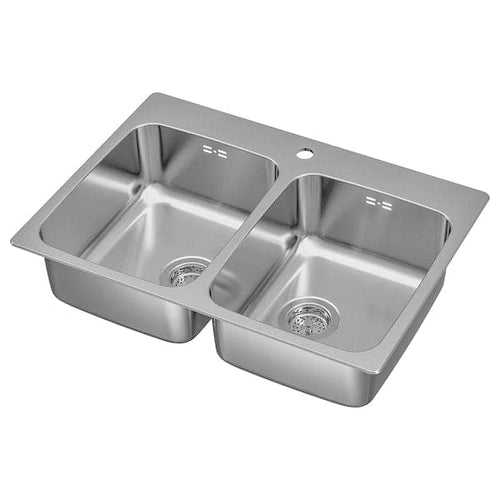 LÅNGUDDEN - Inset sink, 2 bowls, stainless steel, 75x53 cm