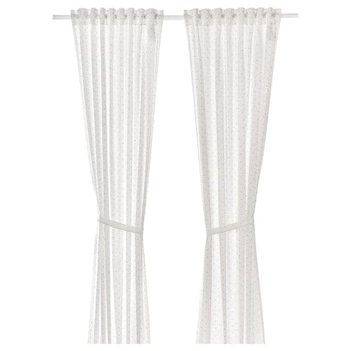 LEN - Curtains with tie-backs, 1 pair, dotted/white, 120x300 cm