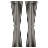 LENDA curtains with tie-backs, 1 pair, dark grey/with heading tape, 140x300 cm