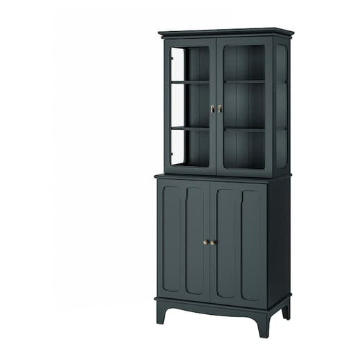 LOMMARP - Cabinet with glass doors, dark blue-green, 86x199 cm