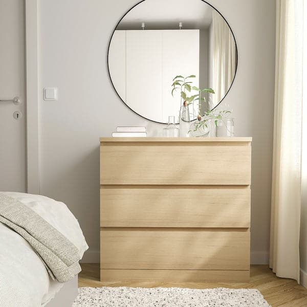 Ikea MALM - Chest of 3 drawers, white stained oak veneer, 80x78 cm