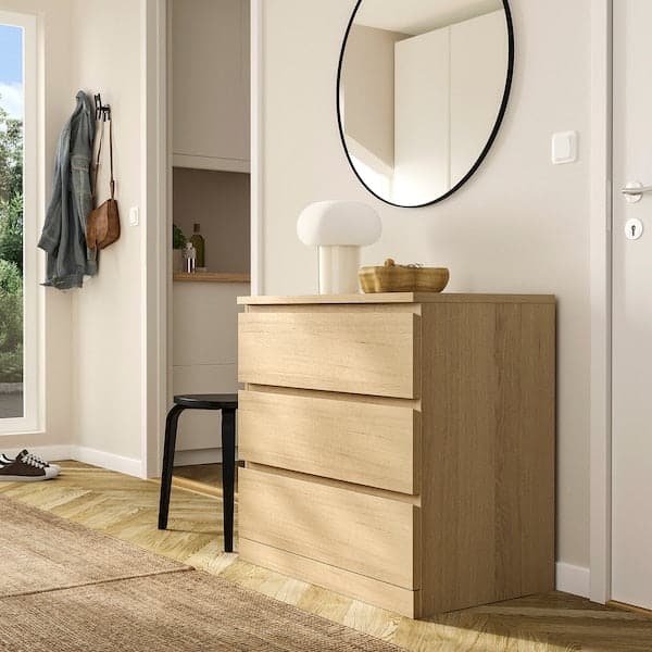 Ikea MALM - Chest of 3 drawers, white stained oak veneer, 80x78 cm
