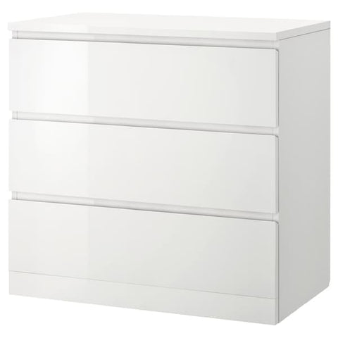 Ikea MALM - Chest of 3 drawers, high-gloss white, 80x78 cm