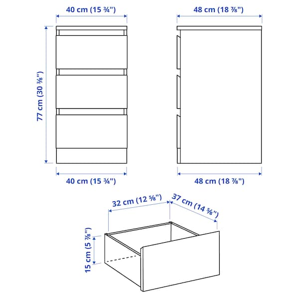 Ikea MALM - Chest of 3 drawers, high-gloss white, 40x78 cm