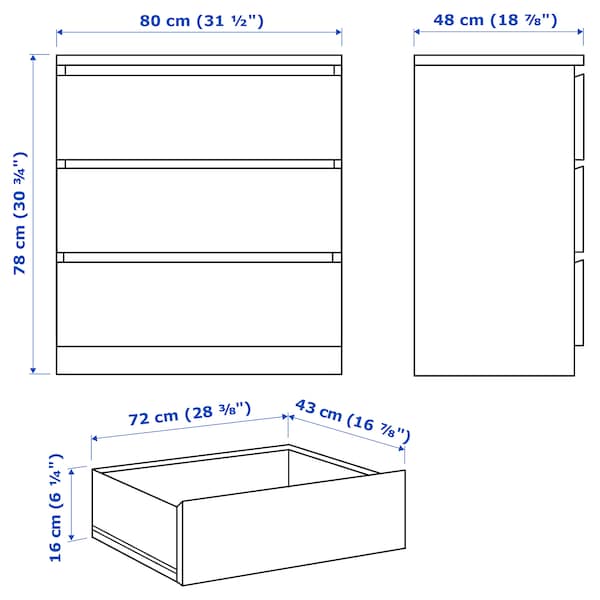 Ikea MALM - Chest of 3 drawers, black-brown, 80x78 cm