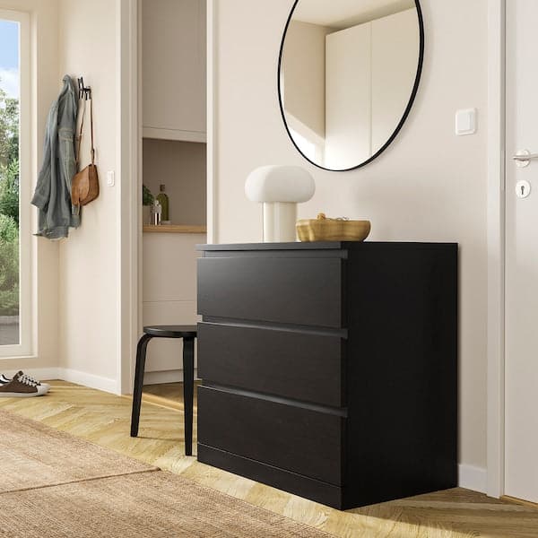 Ikea MALM - Chest of 3 drawers, black-brown, 80x78 cm