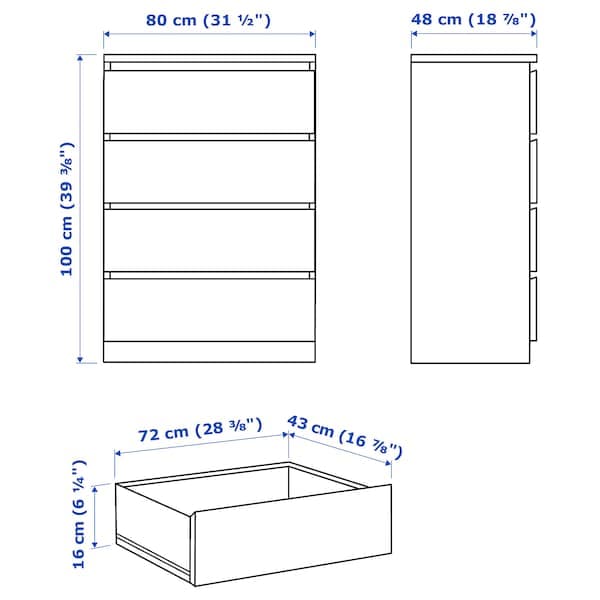 Ikea MALM - Chest of 4 drawers, white stained oak veneer, 80x100 cm