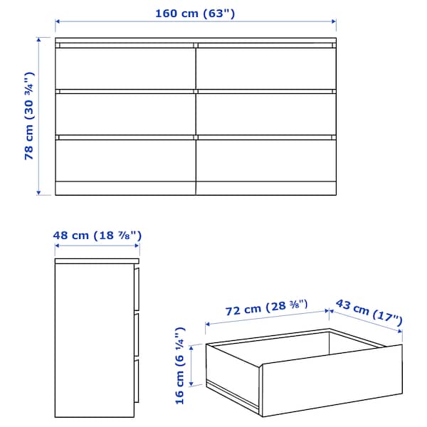 MALM - Chest of 6 drawers, white, 160x78 cm - best price from Maltashopper.com 60403584