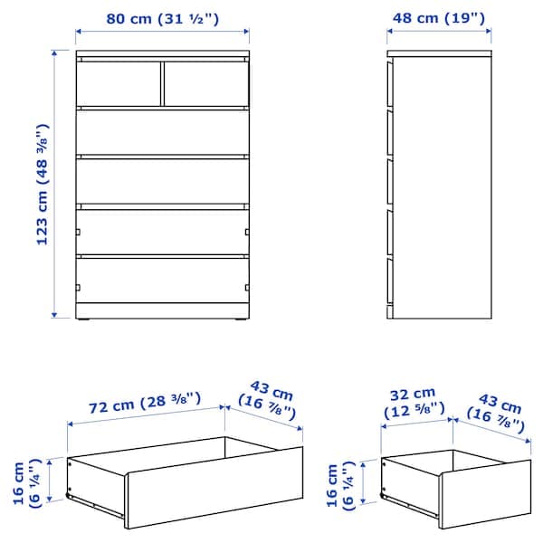 Ikea MALM - Chest of 6 drawers, grey stained, 80x123 cm