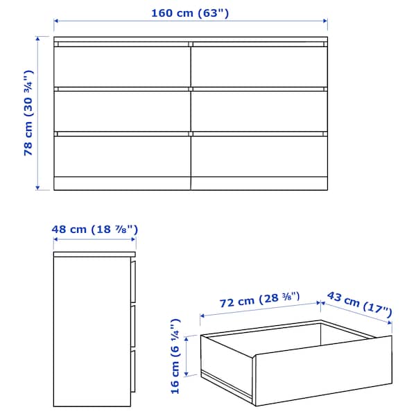 Ikea MALM - Chest of 6 drawers, grey stained, 160x78 cm