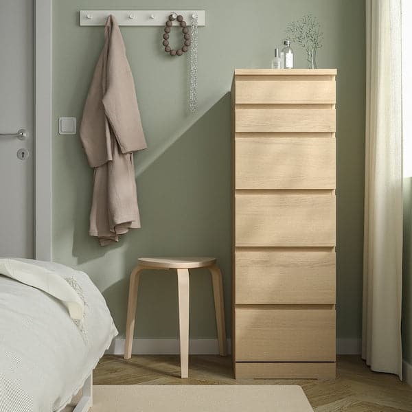 MALM - Chest of 6 drawers, white stained oak veneer/mirror glass, 40x123 cm - best price from Maltashopper.com 20403595